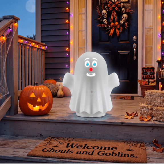 3D Blink Talking Animated Ghost Halloween Decoration with Built-in Video Projector and Speaker, 4 Interchangeable Expressive Faces, 11.8 Inch Spooky Ghost for Party Home Indoor Outdoor