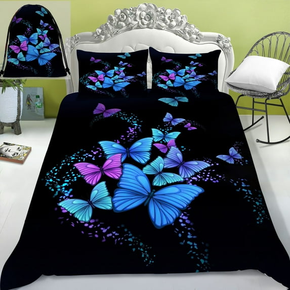 3D Blue Colorful Butterfly Print Bedding Set Duvet Cover Set with Bag Home Textiles Woman Girl Bed Cover,California King (98"x104")