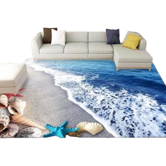 3D Blue Ocean Beach Design Rug, Large Sea Wave Carpet, Non-Slip Floor Mat for Bedroom Garden Sofa