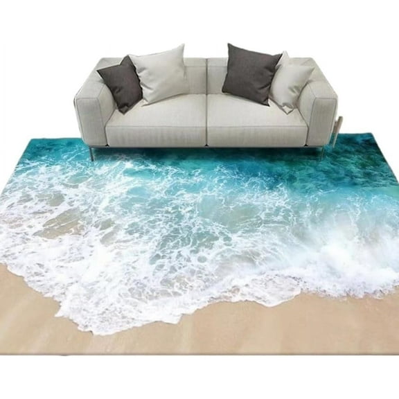 3D Blue Ocean Beach Design Rug, Large Sea Wave Carpet, Non-Slip Floor Mat for Bedroom Garden Sofa