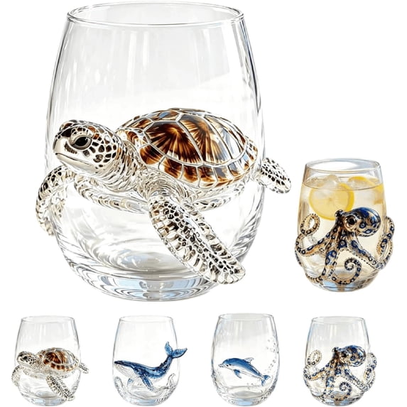 3D Blue Ocean Series Stemless Wine Glass, Handcrafted Borosilicate Drinkware with Marine Animal Sculptures, 12 oz (Multiple Designs Available)