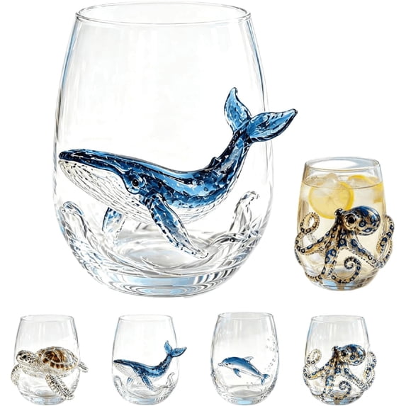 3D Blue Ocean Series Stemless Wine Glass, Handcrafted Borosilicate Drinkware with Marine Animal Sculptures, 12 oz (Multiple Designs Available)