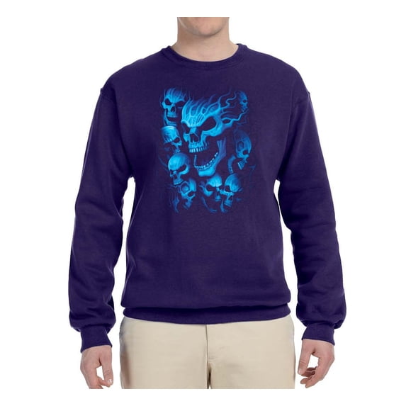 3D Blue Skulls Trendy | Mens Fashion Crewneck Graphic Sweatshirt, Purple, X-Large
