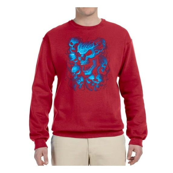 3D Blue Skulls Trendy | Mens Fashion Crewneck Graphic Sweatshirt, Red, 3XL