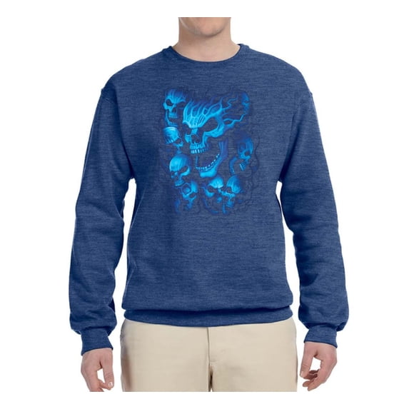 3D Blue Skulls Trendy | Mens Fashion Crewneck Graphic Sweatshirt, Vintage Heather Blue, 2XL