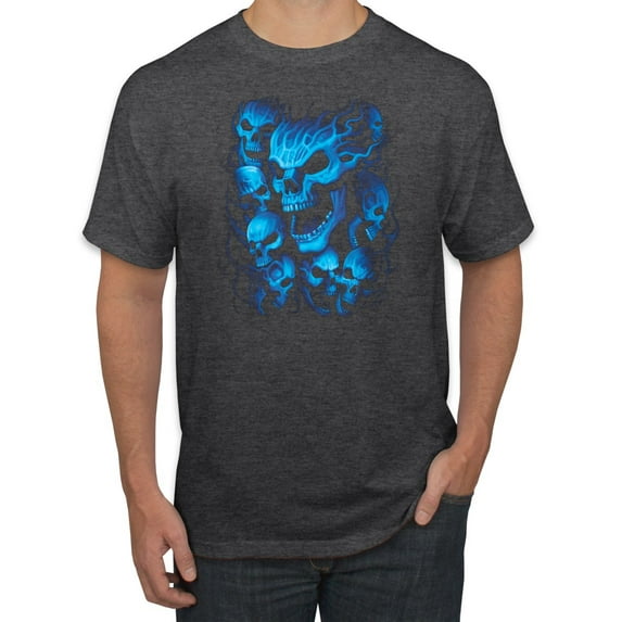 3D Blue Skulls Trendy | Mens Fashion Graphic T-Shirt, Heather Black, X-Large