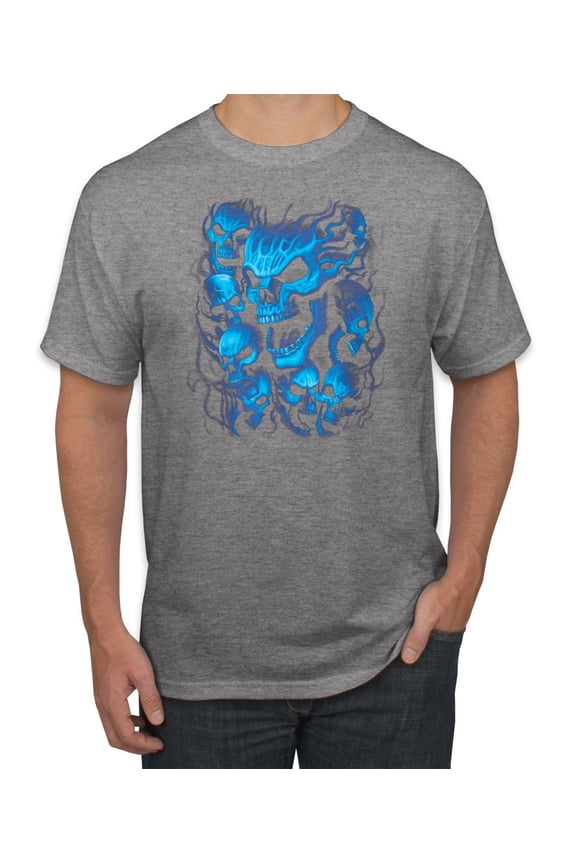 3D Blue Skulls Trendy | Mens Fashion Graphic T-Shirt, Heather Grey, Large