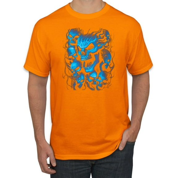 3D Blue Skulls Trendy | Mens Fashion Graphic T-Shirt, Orange, 2XL