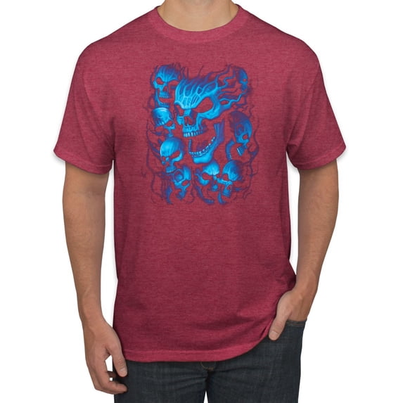 3D Blue Skulls Trendy | Mens Fashion Graphic T-Shirt, Vintage Heather Red, Medium