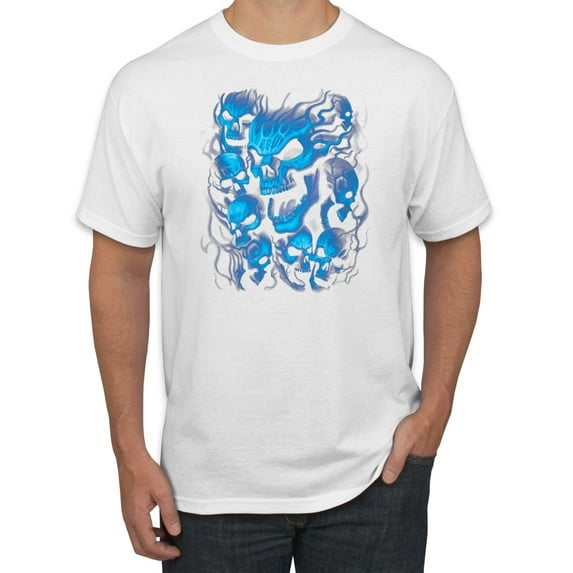 3D Blue Skulls Trendy | Mens Fashion Graphic T-Shirt, White, X-Large