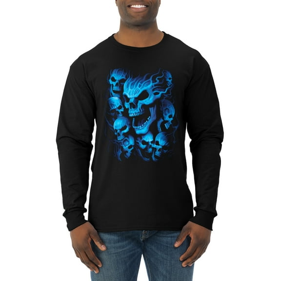 3D Blue Skulls Trendy | Mens Fashion Long Sleeve T-Shirt, Black, Small