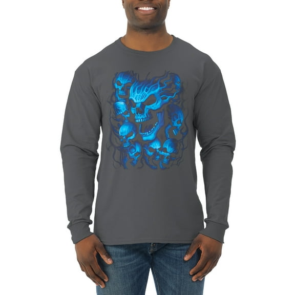3D Blue Skulls Trendy | Mens Fashion Long Sleeve T-Shirt, Charcoal, X-Large