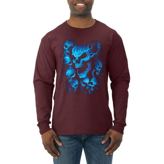 3D Blue Skulls Trendy | Mens Fashion Long Sleeve T-Shirt, Maroon, 2XL