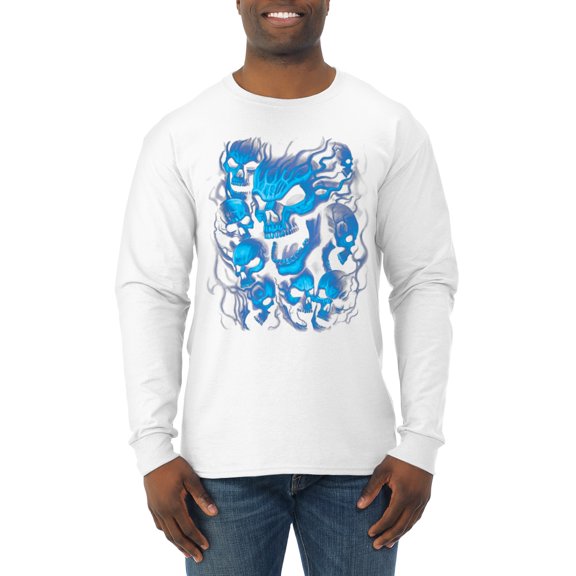 3D Blue Skulls Trendy | Mens Fashion Long Sleeve T-Shirt, White, Small