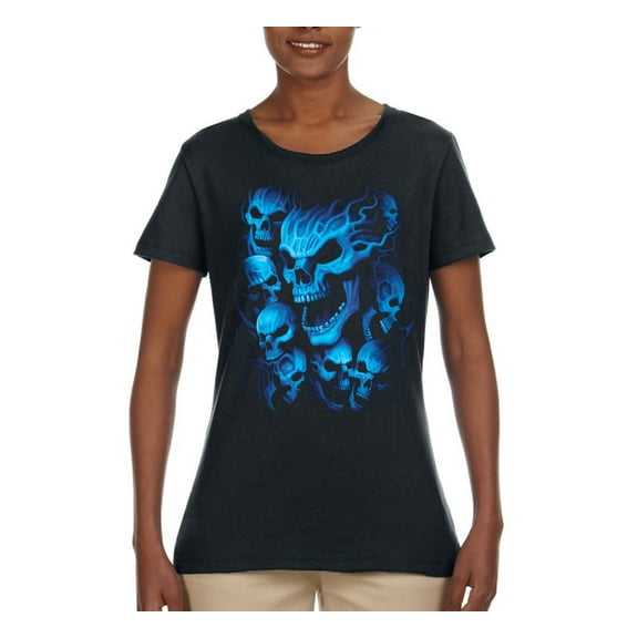 3D Blue Skulls Trendy | Womens Fashion Graphic T-Shirt, Black, 2XL