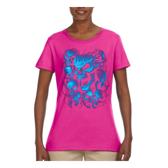 3D Blue Skulls Trendy | Womens Fashion Graphic T-Shirt, Fuschia, 2XL