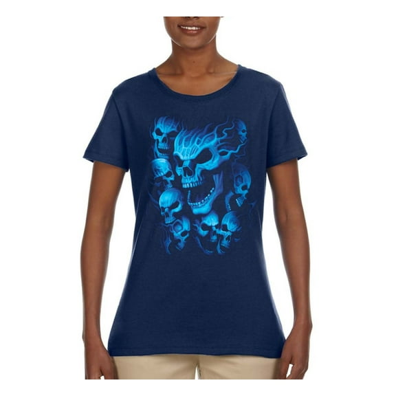 3D Blue Skulls Trendy | Womens Fashion Graphic T-Shirt, Navy, Large