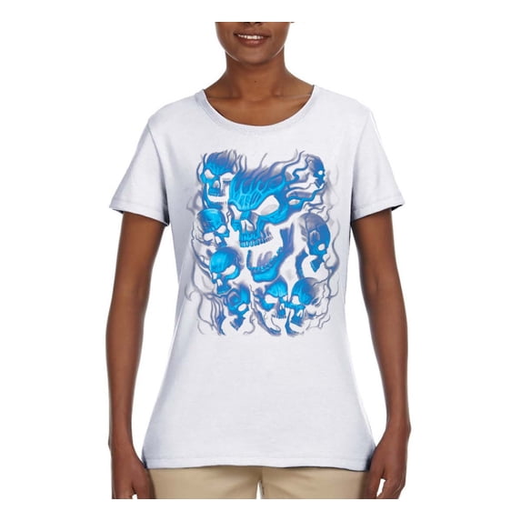 3D Blue Skulls Trendy | Womens Fashion Graphic T-Shirt, White, X-Large