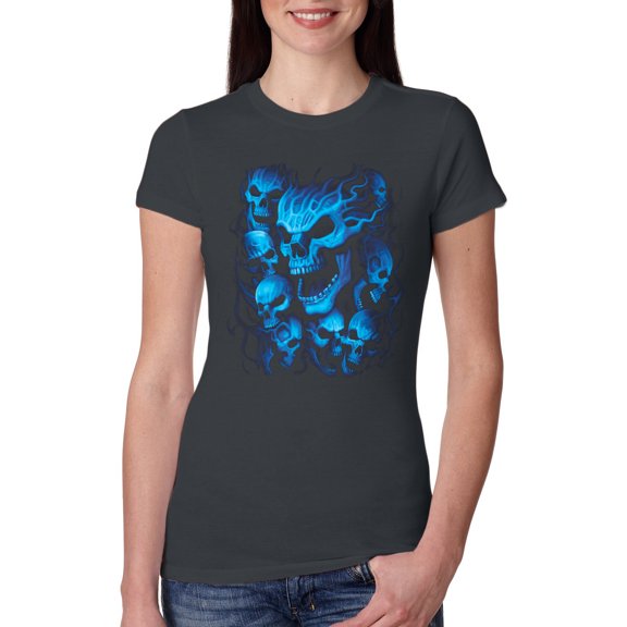 3D Blue Skulls Trendy | Womens Fashion Junior Fit Tee, Dark Grey, Medium
