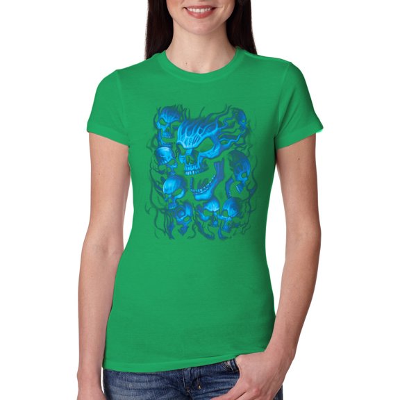 3D Blue Skulls Trendy | Womens Fashion Junior Fit Tee, Kelly, Medium