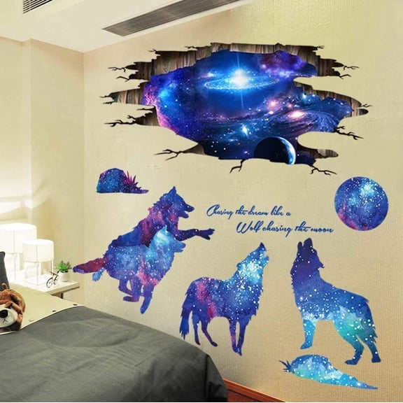 3D Blue Starry Sky Wolf Moon Wall Decals Removable PVC Magic 3D Milky Way Outer Space Planet Wall Sticker Peel Stick Home Decor for Kids Baby Bedroom Boys Girls Nursery Room Ceiling Living Room