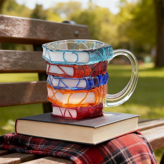 3D Book Mug Glass Coffee Cup, Hand-Painted Stacked Book Design, Unique Coffee Gifts for Book Lovers 1#