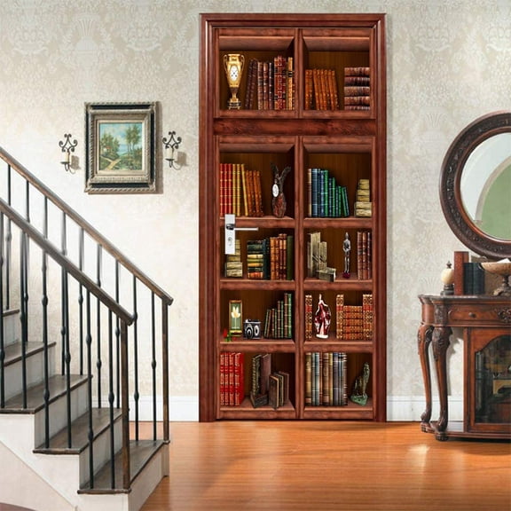 3D Book Shelf Door Mural Wallpaper Stickers Self-Adhesive Decor Removable For Home Room Decoration