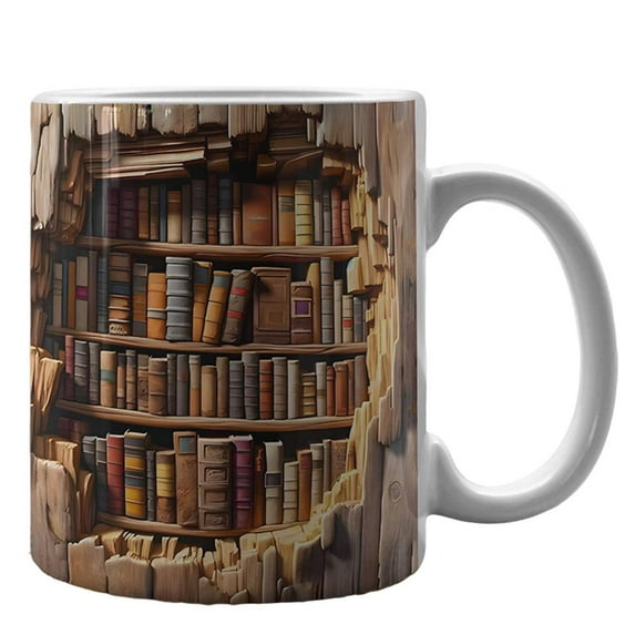 3D Bookshelf Mug, Creative 3D Bookshelf Coffee Mug, 3D Visual Effcet Library Shelf Cup, 3D Mugs for Book Lovers, 3D Space Design Multi-purpose Ceramic Mug, Gifts for Readers Book Lovers