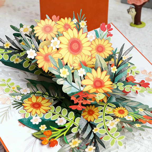 3D Bouquet Pop Up Thank you Card, Teacher Appreciation Card, Handmade Flowers Box Greeting Cards with Note and Envelope for New Year Anniversary Valentines