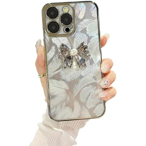 3D Bow Pearl Feather Yarn Hard Phone Case Compatible with iPhone Case (Silver,iPhone 14)