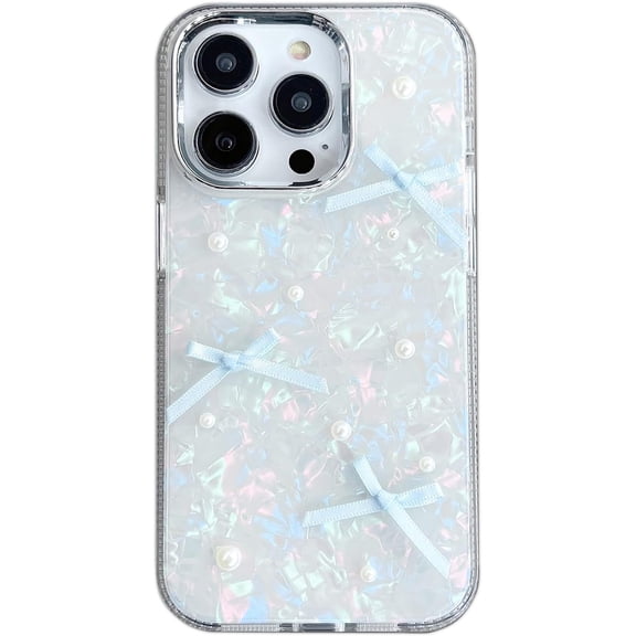 3D Bows Pearl Iridescent Marbling Phone Case Compatible with iPhone Case (Blue,iPhone 12 Pro)