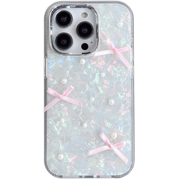 3D Bows Pearl Iridescent Marbling Phone Case Compatible with iPhone Case (Pink,iPhone 15)