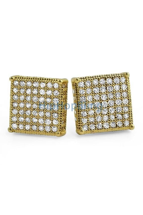3D Box XL Gold CZ Micro Pave Bling Earrings