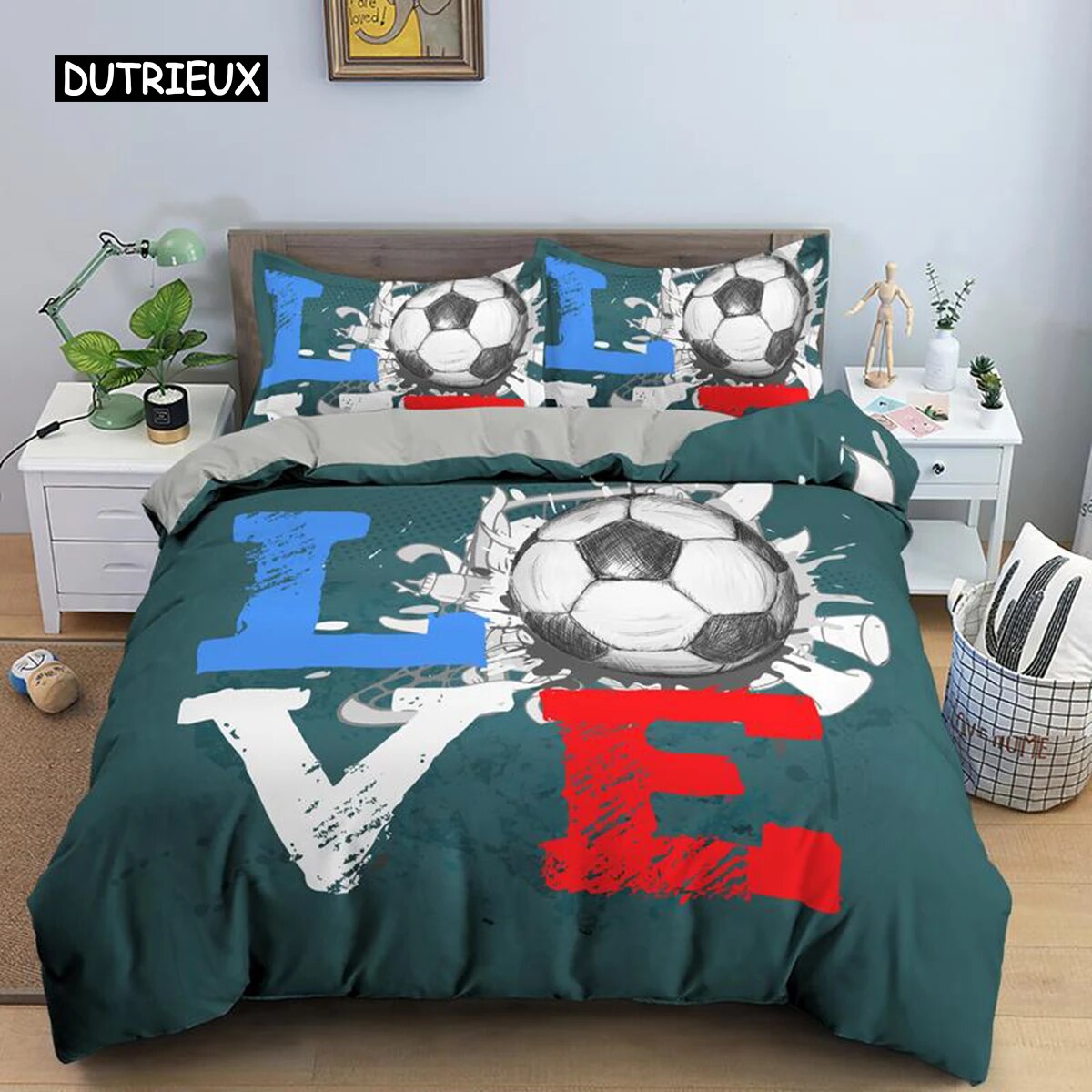 3D Boys Teens Football Comforter Cover Set Size Soccer Ball Duvet Cover