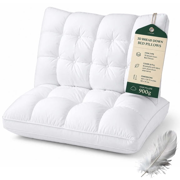 3D Bread Down Bed Pillows Ergonomic 3D Down Bed Pillow,Premium Hotel Fluffy Gusseted Pillow with Breathable Cotton Shell for Side & Back Sleepers