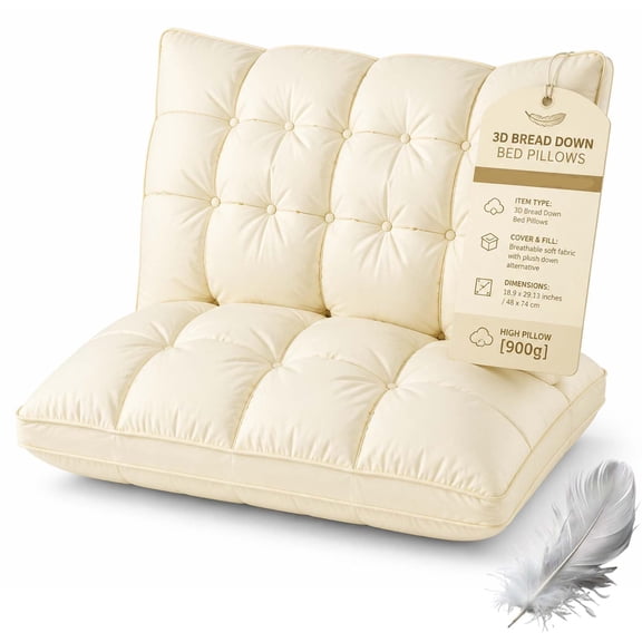 3D Bread Down Bed Pillows Ergonomic 3D Down Bed Pillow,Premium Hotel Fluffy Gusseted Pillow with Breathable Cotton Shell for Side & Back Sleepers