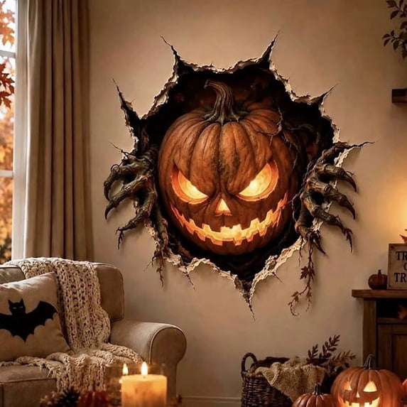 3D Break Through Halloween Wall Stickers, 3D Illusion Effect,Removable Horror Wall Art for Home Door Window Halloween Party Decorations,13.78*19.69 in.