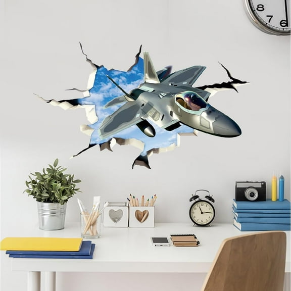 3D Break Sky Wall Sticker Fighter Jet Plane 3D Wall Decals Airplane Peel and Stick Vinyl Watercolor Art Decor 37.8x11.8in