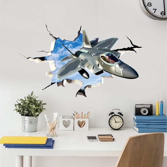 3D Break Sky Wall Sticker Fighter Jet Plane 3D Wall Decals Airplane Peel and Stick Vinyl Watercolor Art Decor Boys Kids Room Living
