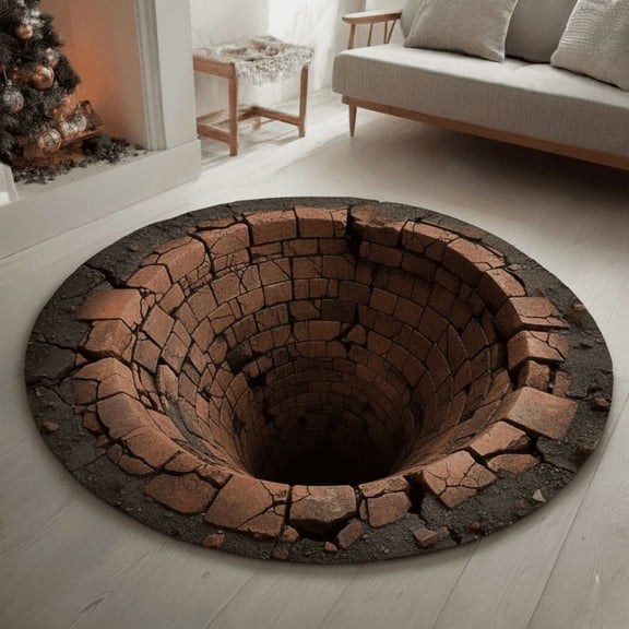3D Brick Hole Rug, Round Carpet, Realistic Optical Illusion Floor Mat