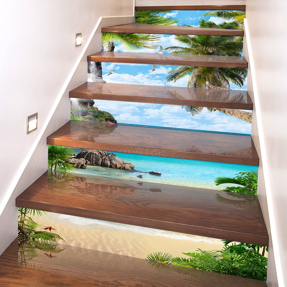 3D Brick Staircase Stickers - Beach Coconut Tree Removable Peel and ...