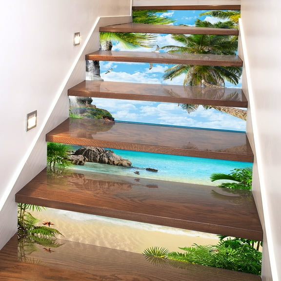 3D Brick Staircase Stickers - Beach Coconut Tree Removable Peel and Stick Tile Risers Decals - Backsplash Decor 39.3Inch x 7.08Inch