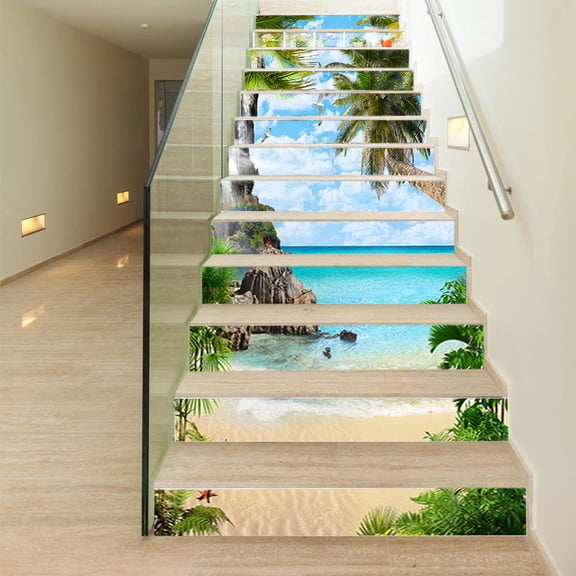 3D Brick Staircase Stickers - Seascape Wall Sticker, Removable Peel and Stick Tile Risers Decals - 13-Stairs Backsplash Decor 39.3Inch x 7.08Inch x 13Pcs (Beach Coconut Tree)