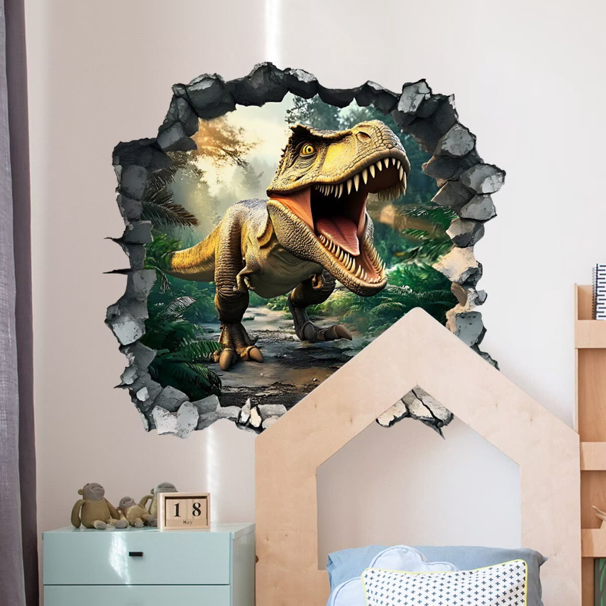 3D Broken Dinosaur Wall Decals for Boys Room, Break Through The Wall decal Peel and Stick Wall Art Decals Vinyl Wall Sticker for for Kids Bedroom Nursery Playroom Classroom