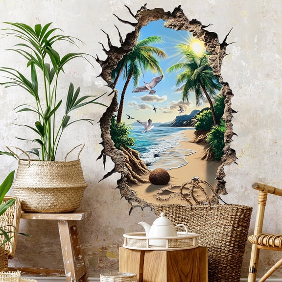 3D Broken Wall Beach Wall Decal, Tropical Palm Tree Seaside Ocean View Wall Sticker with Seagull, Removable Self-Adhesive Wall Mural for Living Room Bedroom Home Decor