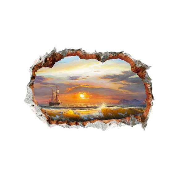 3D Broken Wall Nature Wall Sticker, 3D Visual Effect With Ocean Sunset Scene, For Bedroom Living Room Ceiling Decor