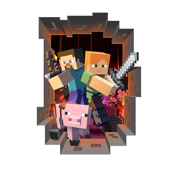 3D Broken Wall Pixel Block Adventurer Decal - 23.6" x 15.7" Removable Sandbox Game Mural for Gaming Room, Bedroom & Study - Peel & Stick Vinyl Wall Sticker