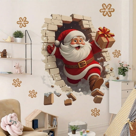 3D Broken Wall Santa Claus Wall Sticker - Self-Adhesive Snowy Gift-Giving Decal, Removable Reusable Christmas Home Decor, Festive Indoor Wall Accent for Holiday Cheer,15.7*13.7in, Multicolour