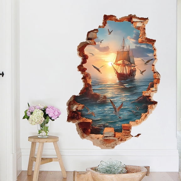 3D Broken Wall Ship Wall Sticker, 31x23in Pirate Ship Sunset Peel & Stick Mural for Living Room Decor