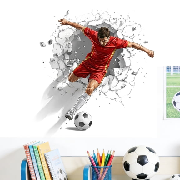 3D Broken Wall Soccer Decal (14" x 13"), Cool Football Player Kicking Ball Wall Sticker, Peel & Stick Vinyl Sports Art for Boys Bedroom & Game Room